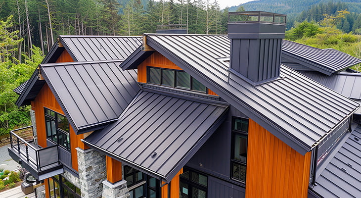 Modern home with a dark standing seam metal roof set against a forest backdrop