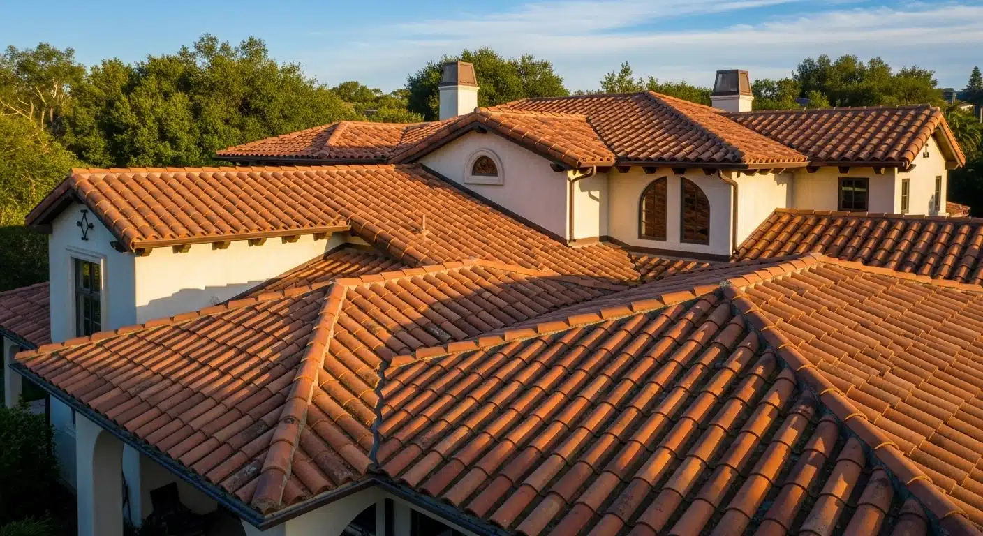 Clay barrel tile roof in a warm sunset blend