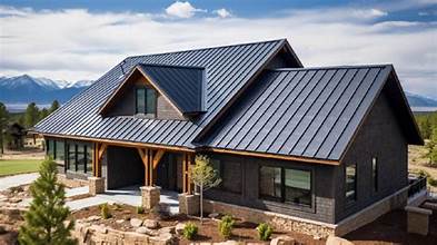Charcoal grey standing seam metal roof on a modern mountain home