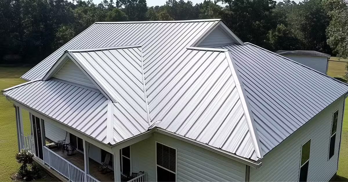 Galvalume standing seam metal roof with a gable and covered porch