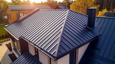 Charcoal standing seam metal roof on a hip roof at sunset